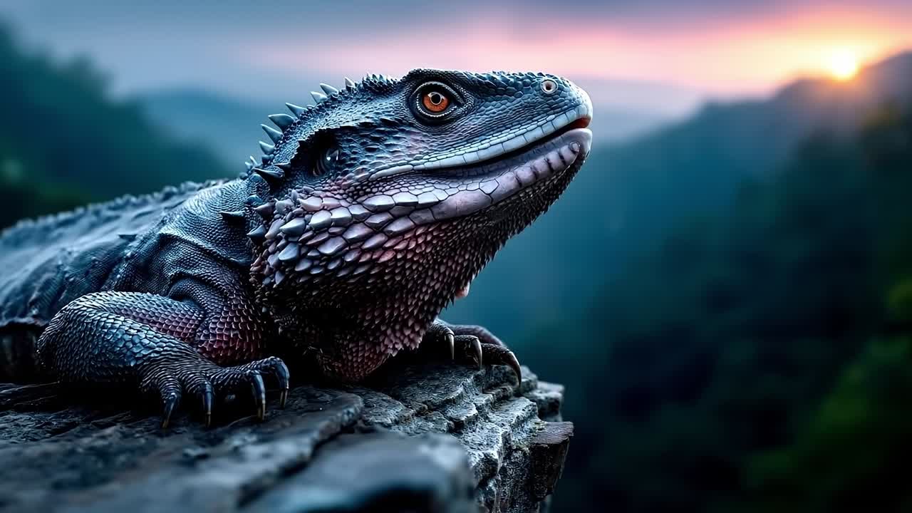 A lizard sitting on top of a rock with a sunset in the background