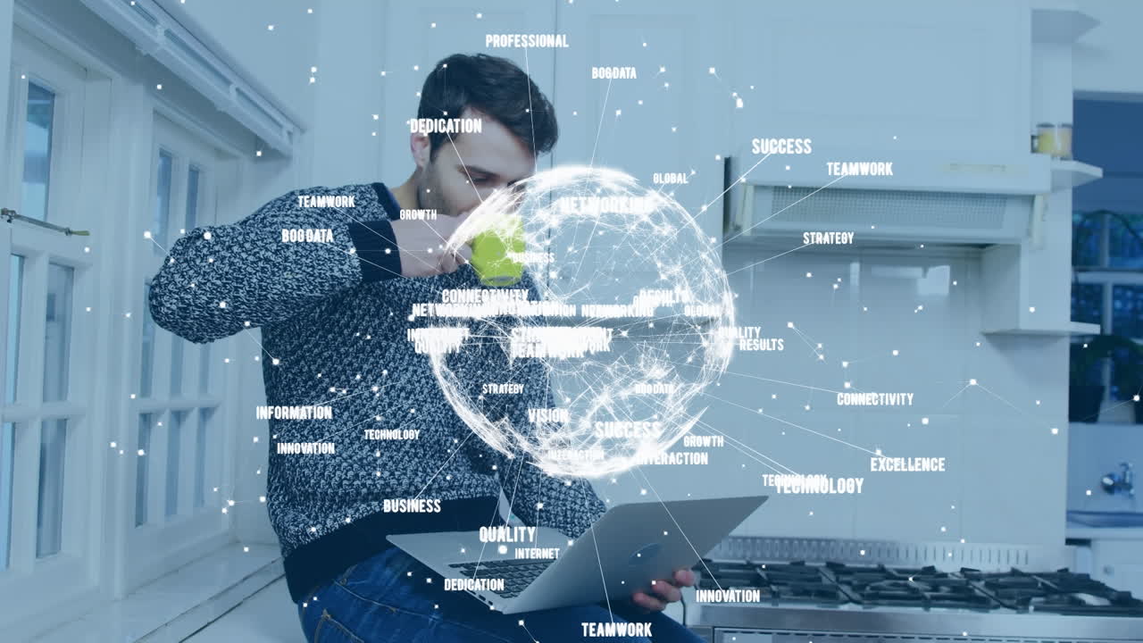 노트북을 사용하는 백인 남성에 대한 연결과 숫자로 만든 지구상의 애니메이션