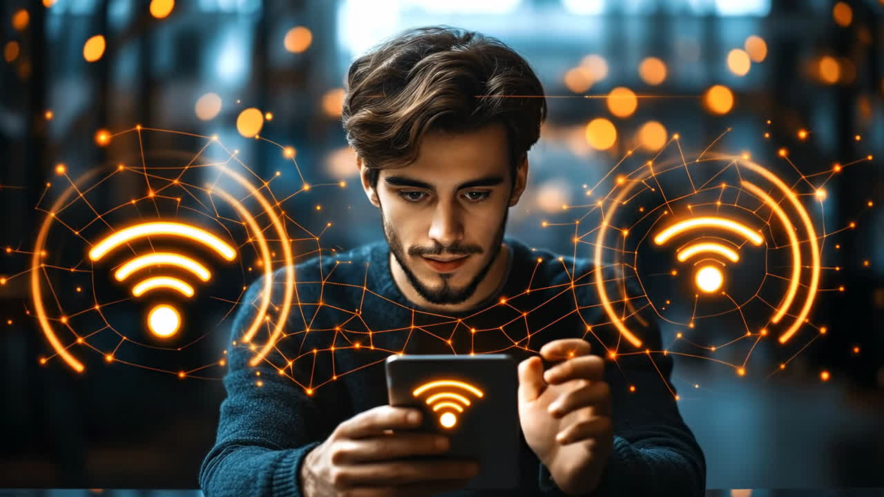 Young man online with smartphone. A focused young man in a sweater is using his smartphone in a modern setting, surrounded by wifi symbols