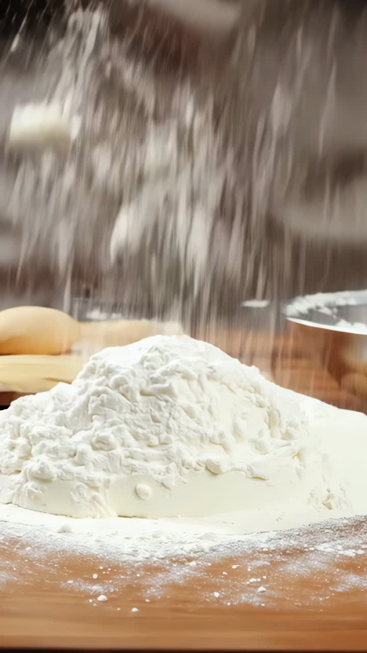 Baking Preparation With Flour, Eggs, and Tools on Wooden Table. A person is pouring flour onto a wooden table, preparing for baking with eggs and utensils nearby. Vertical video