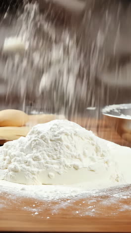 baking preparation with flour, eggs, and tools on wooden table. a person is pouring flour onto a wooden table, preparing for baking with eggs and utensils nearby. vertical video