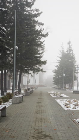 foggy atmosphere with snow-covered light poles, leafless trees, and residential buildings lining peaceful paved pathway, while birds fly in distance adding motion to calm wintry scenery