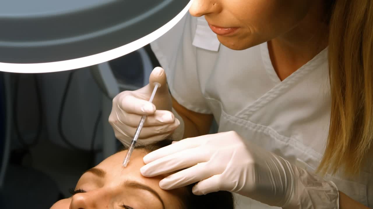 Medico che inietta una siringa nella fronte di un paziente, con cuori rossi pulsanti per l'assistenza sanitaria