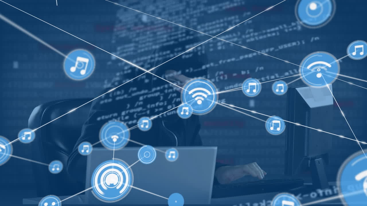 Animation of connected wifi and music icons, coding, caucasian computer hacker using computer