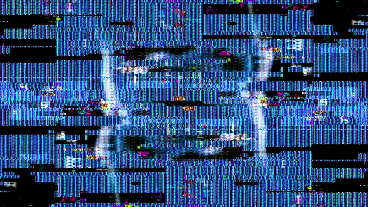 Flackernder digitaler Glitch-Effekt mit bunten Linien und Rauschen