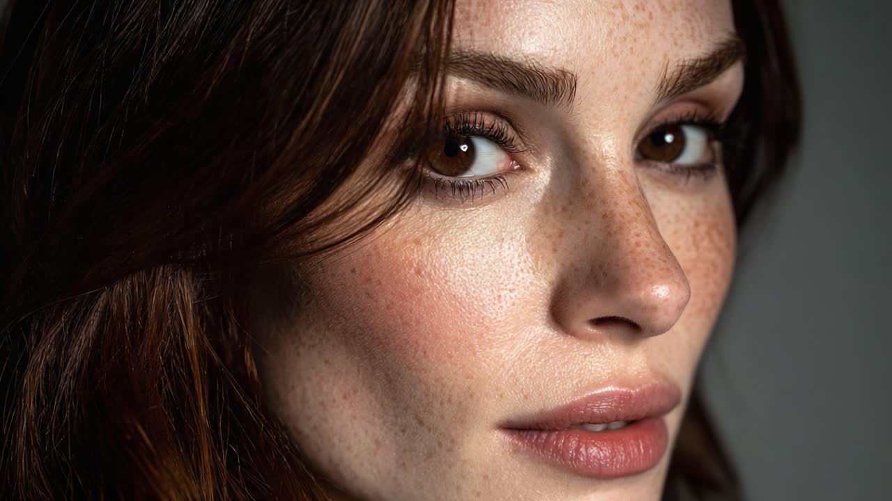 Captivating Close-Up of a Woman's Face Highlighting Natural Beauty with Perfectly Tousled Hair and Stunning Freckles in Soft Lighting