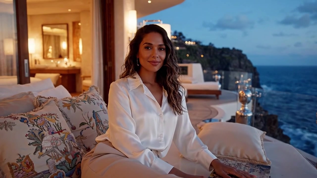 Noche serena junto al océano: Una mujer relajándose en una lujosa terraza con una impresionante vista costera y una decoración elegante al anochecer.