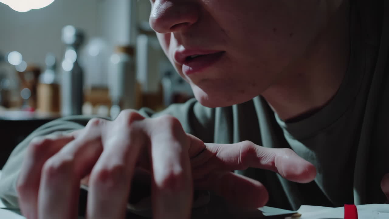 Close-up of a person's face in a kitchen