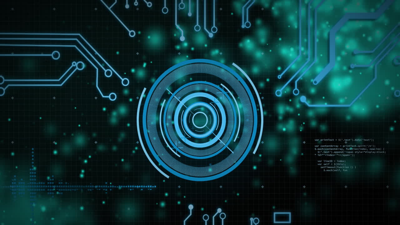 Animation of blue circular scanner over motherboard and blue particles on black background