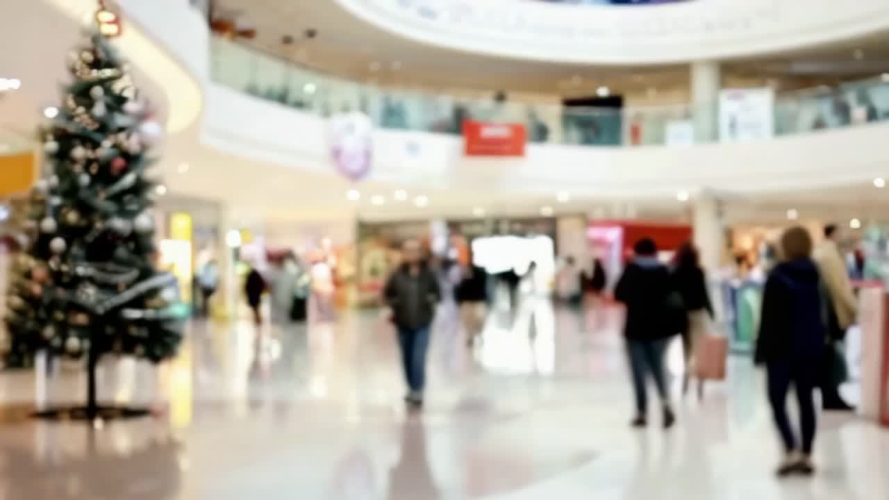 Blurred scene for a background of people walking through a shopping mall decorated for Christmas