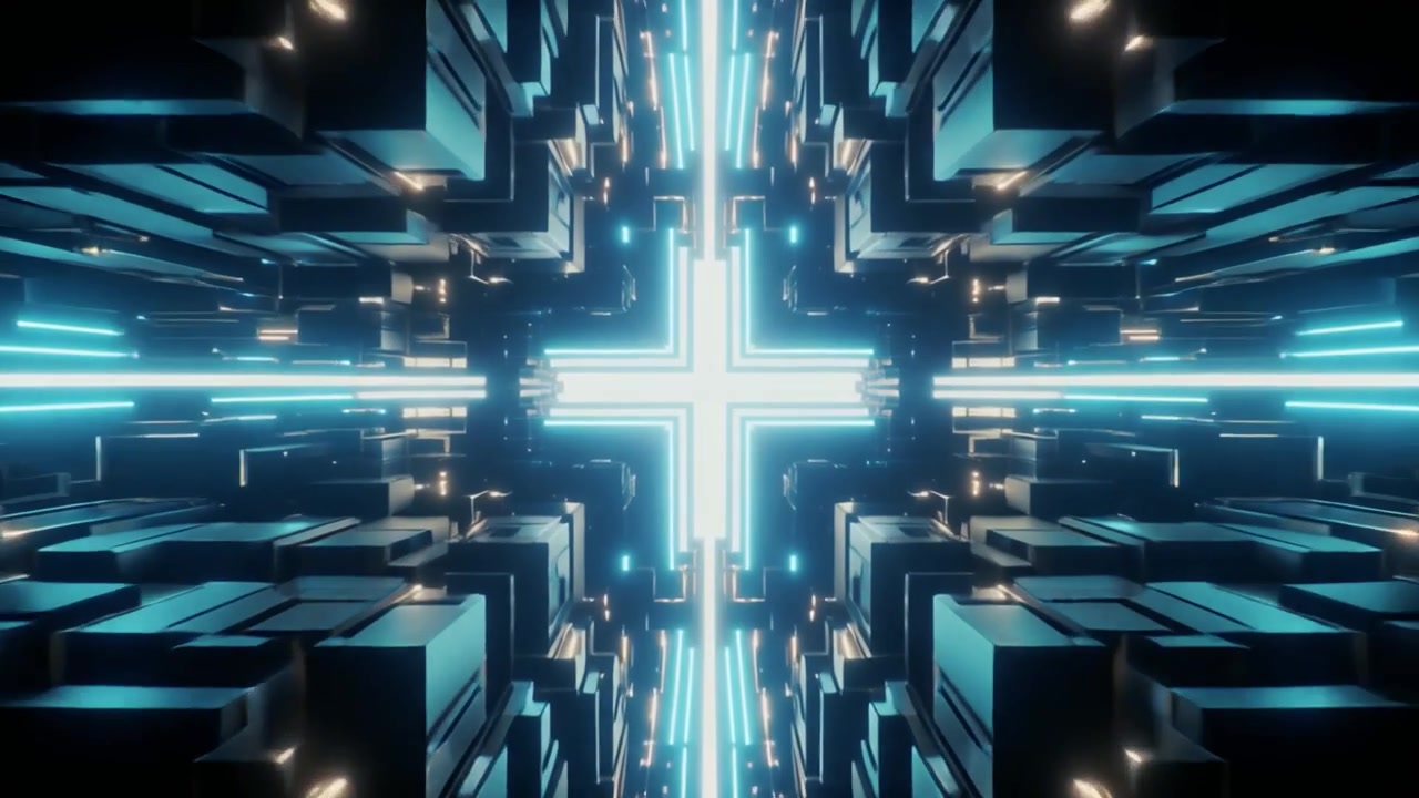 Futuristic Abstract Tunnel with Glowing Blue Light and Geometric Blocks