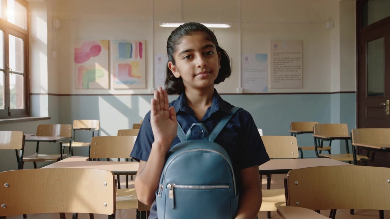 Segurando uma pequena mochila azul, uma estudante de uniforme azul-marinho levantando a mão direita na sala de aula.