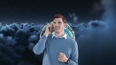 animación de reloj azul y hombre usando un teléfono inteligente sobre un cielo nublado