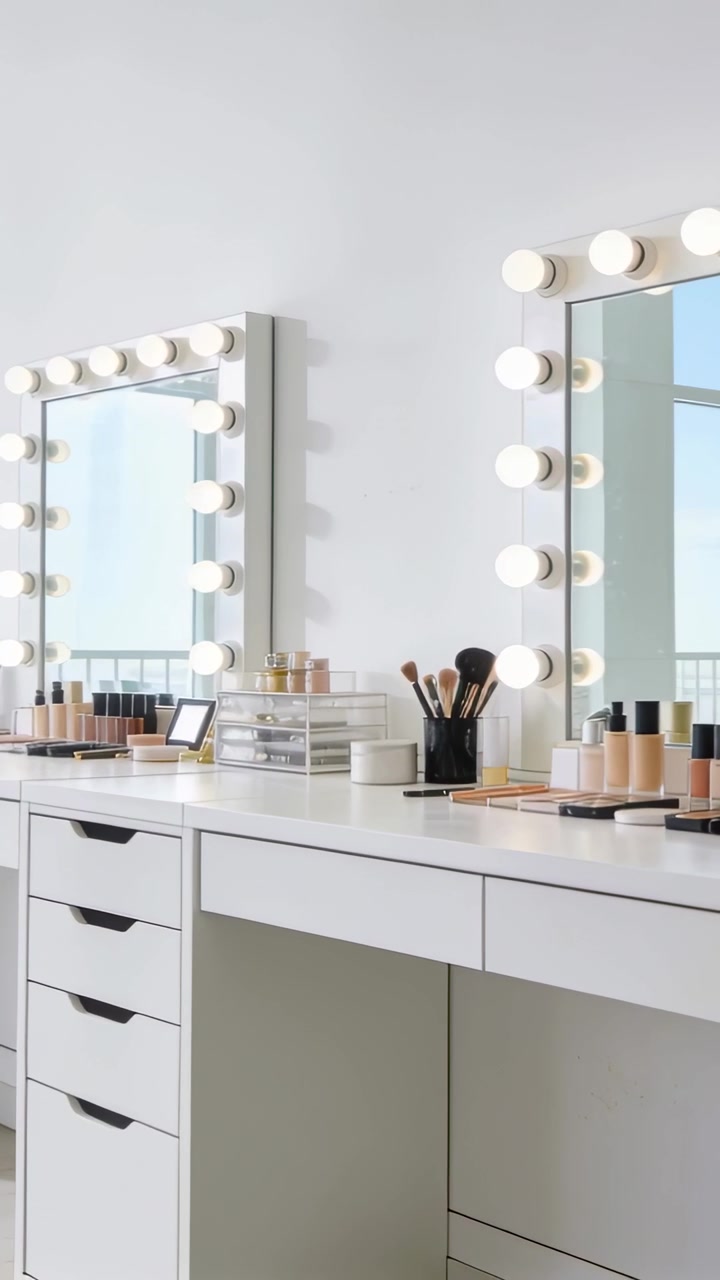 Vertical video: Panning camera revealing vanity with lit mirrors at home, showcasing brushes