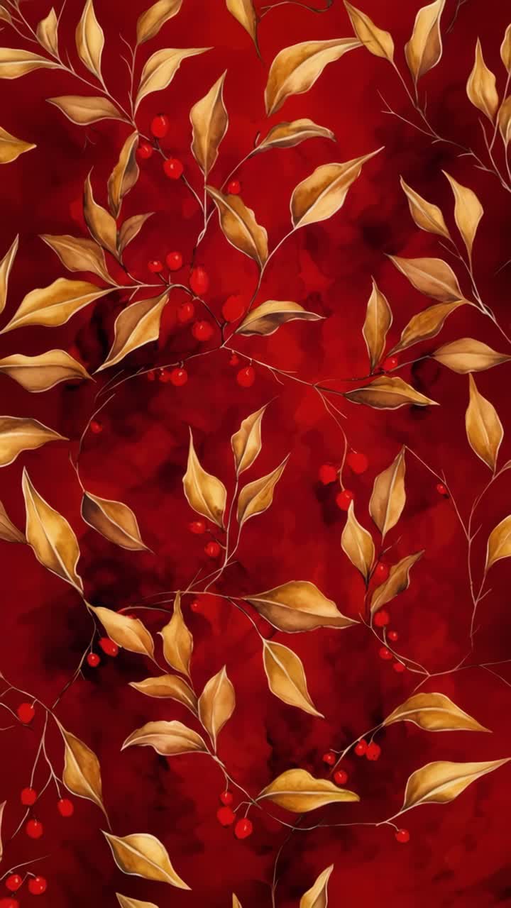 Vista elegante dall'alto di foglie dorate e bacche rosse su uno sfondo rosso intenso, perfetto