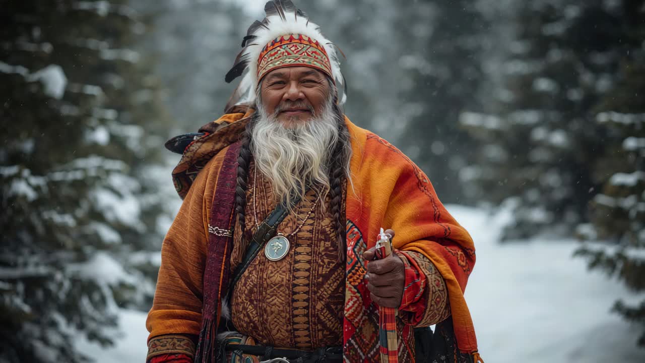 Posing elder adjusting staff, camera pushing in on snowy path with patterned robe, feather headband