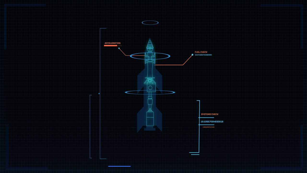 Animation of data processing over rocket blueprint