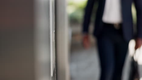 Elevator-button,-man-and-business-worker