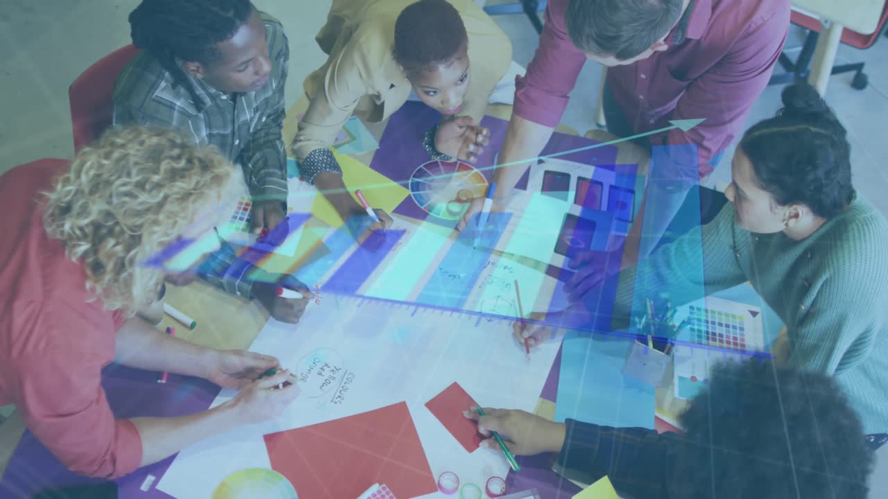 Animation of data processing over diverse business people working at office
