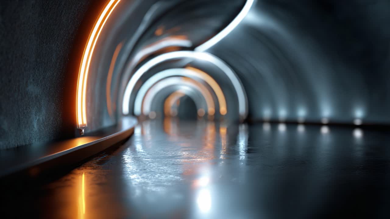 A Modern Underground Passageway with Illuminated Walls and Glossy Floor, Showcasing a Futuristic Aesthetic and Unique Light Effects in a Tunnel Setting