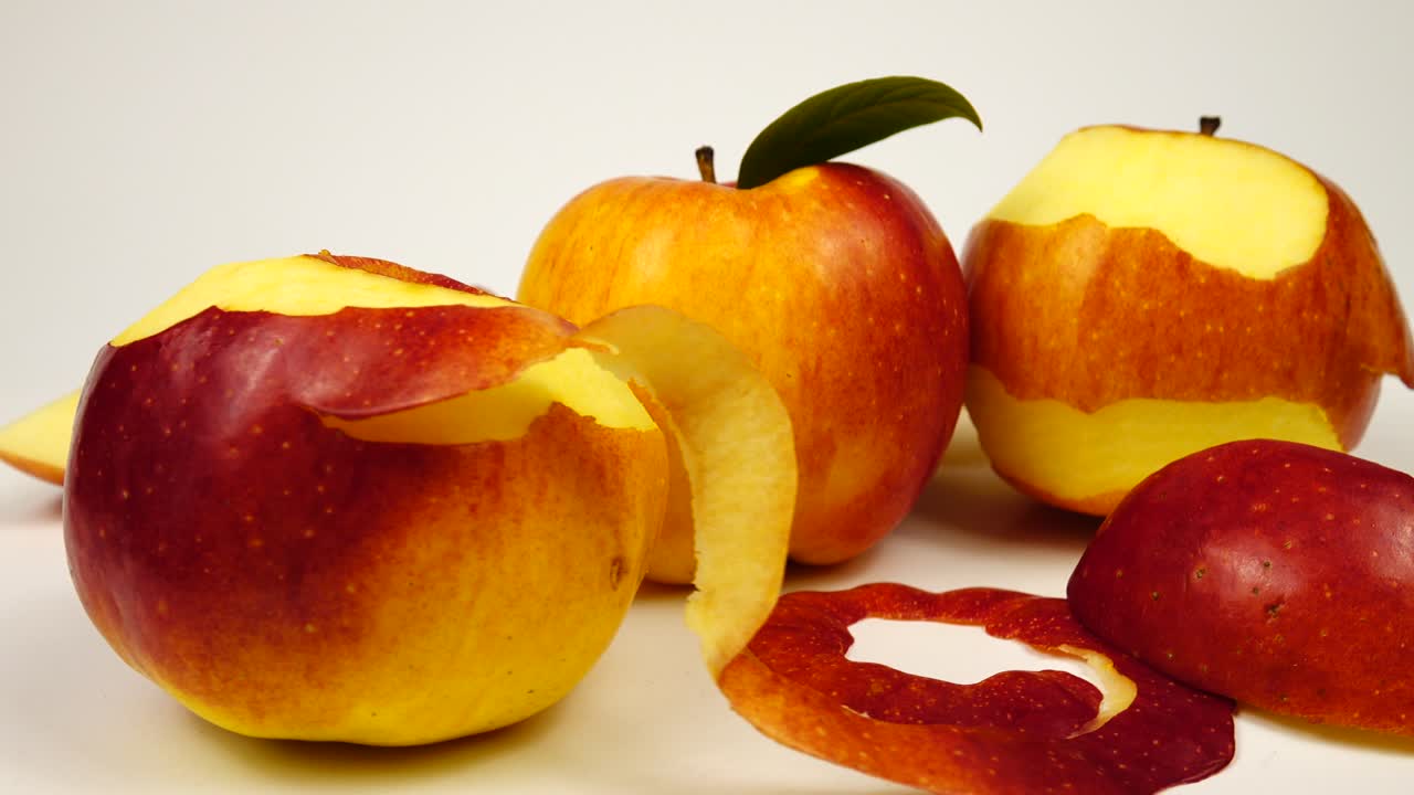 Ripe fresh apples, slices and apple peels lie on a white table