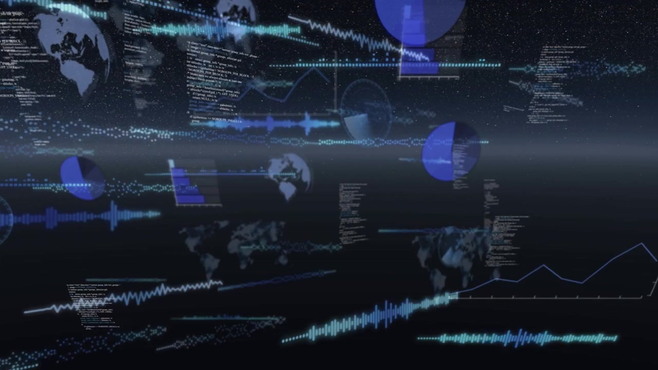 Soft glow starting waveform appearing while stacked globes, pie charts floating nearer adding depth