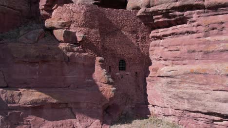 Aerial-drone-view-of-the-secret-door-of-the-Peracense-castle-in-Teruel,-Spain