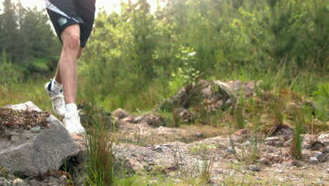 man jogging in the countryside and leaping over a rock