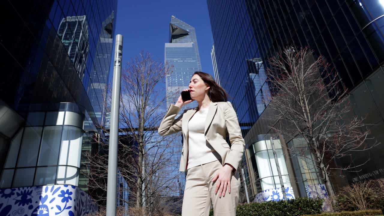 Glad forretningskvinde taler i smartphone i moderne by