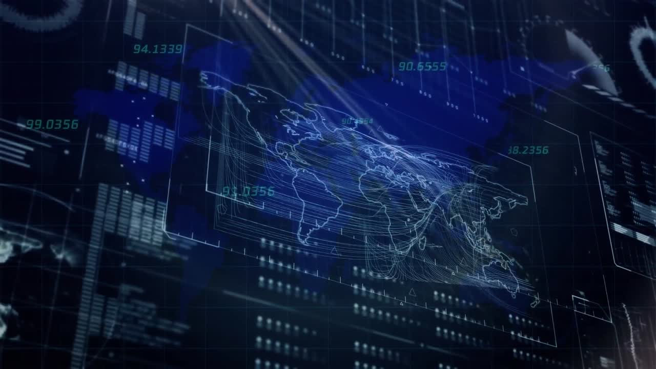 Animation of interface with spinning globe, world map and data processing against blue background