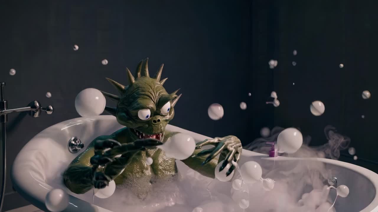 거품이 있는 욕조에 있는 괴물