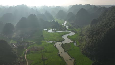 aerial view of mountain and river in phong nam valley rice filed, cao bang, vietnam