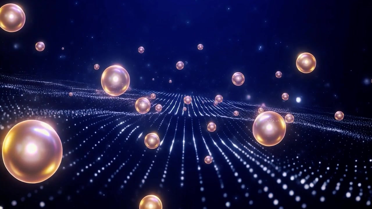 Abstract Background with Floating Golden Spheres and Glowing Data Waves
