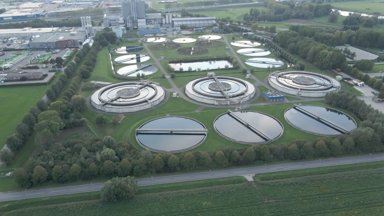Aerial overview of basins of water treatment plant