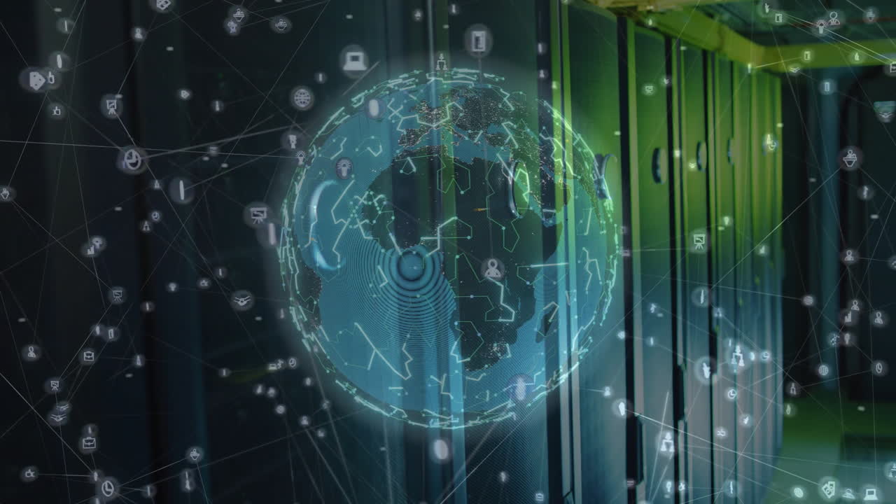 Animation of globe with connections over computer server
