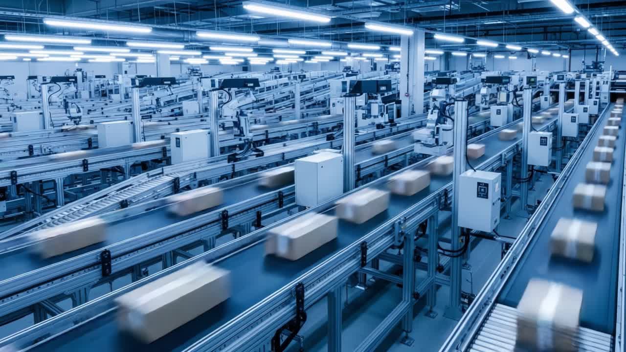 Automated Warehouse with Conveyor Belts Transporting Boxes