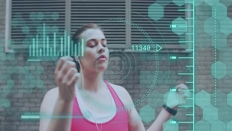 animation of data processing over plus size caucasian woman exercising in city street