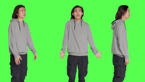 uncertain adult shrugging on camera