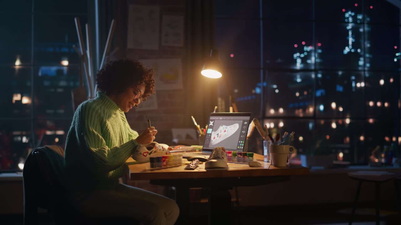 Millennial Female Artist Creating Trendy Design of Sneakers at her Workspace for Online Sale Exclusive. Black Designer Making Handmade Shoe Late at Evening. Originative People with New Ideas Concept