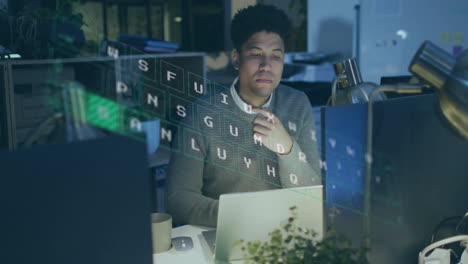 Animation-of-illuminating-pattern-on-keyboard,-thoughtful-biracial-man-analyzing-reports-on-laptop