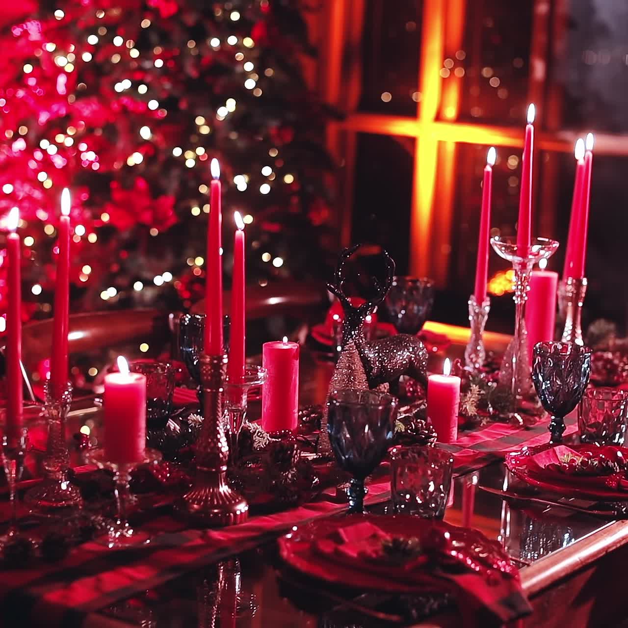 Celebration new year design. Indoor Christmas house interior. Christmas celebrating pretty table. Decorated interior for indoor celebration