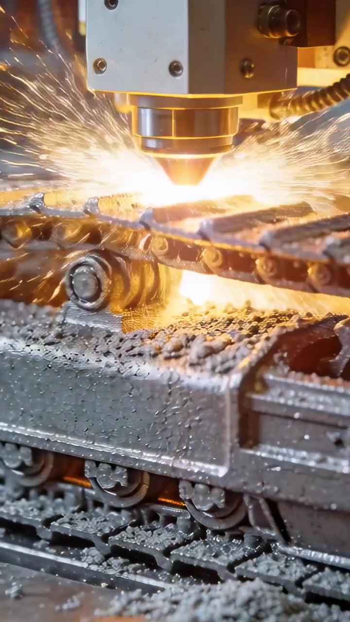 Vídeo vertical: Feixe tocando bico de corte, cortando grade de metal na oficina, pulverizando refrigerante, faíscas