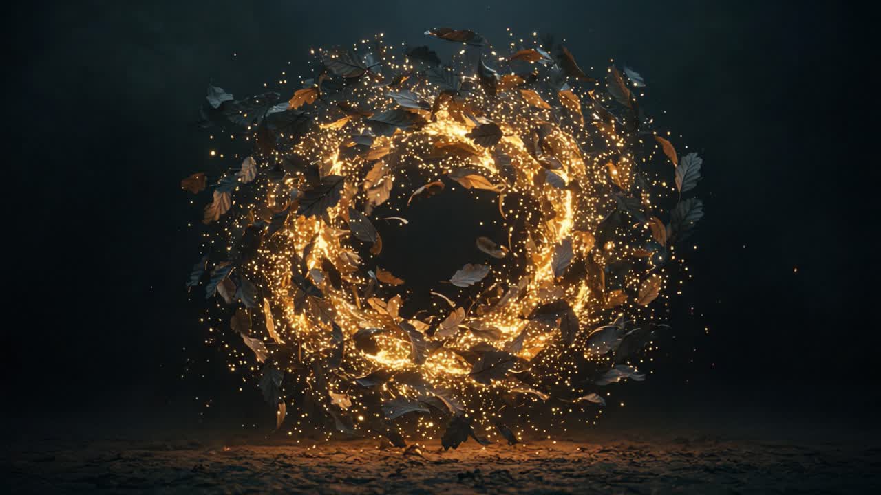A Stunning Visual of Glittering Leaves and Sparkling Particles Forming an Enchanting Circular Display in a Dark Ambient Setting