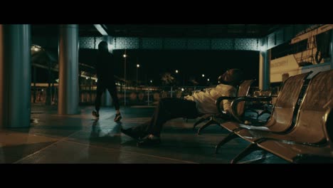 nighttime airport scene with people