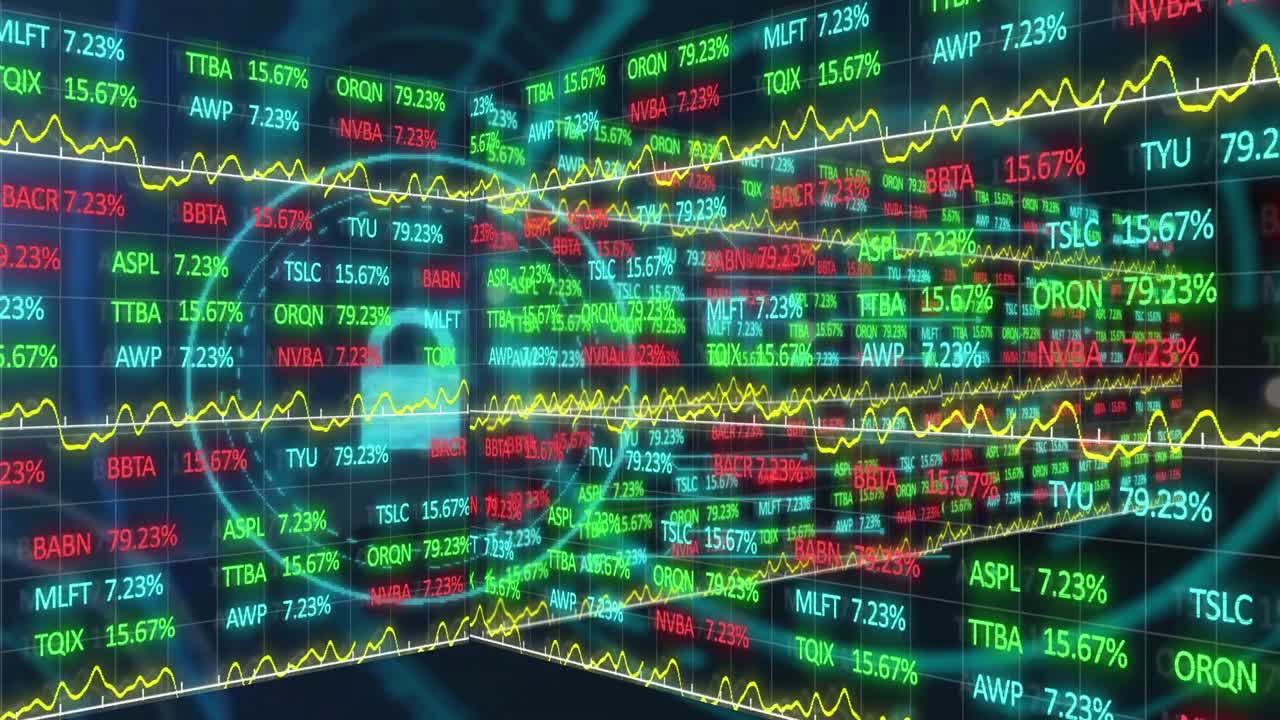 주식 시장 데이터와 선 그래프의 애니메이션이  ⁇ 락 위로 움직입니다.