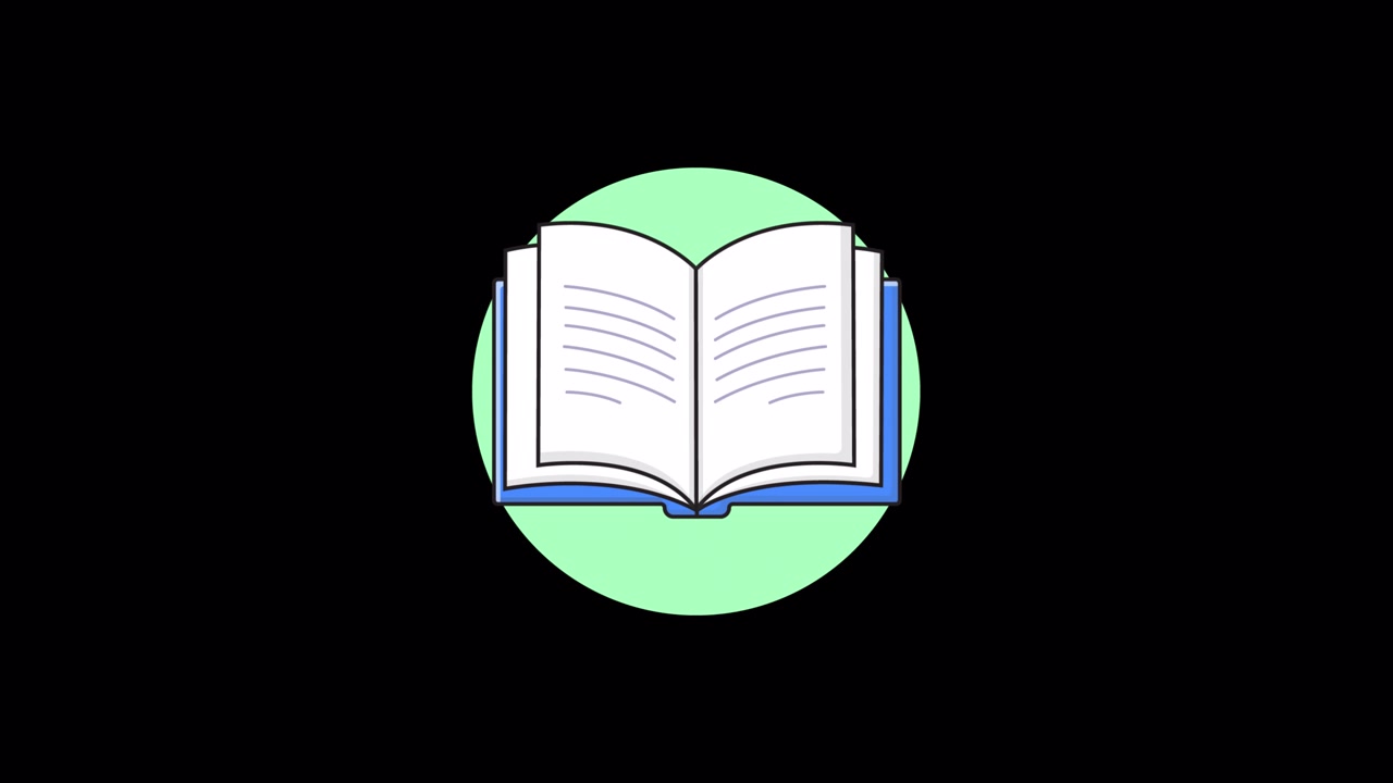 Illustrazione animata di libro aperto con pagine che si muovono in un cerchio verde
