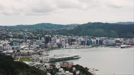 a slow pan captures the serene waterfront of downtown wellington on a calm and overcast day