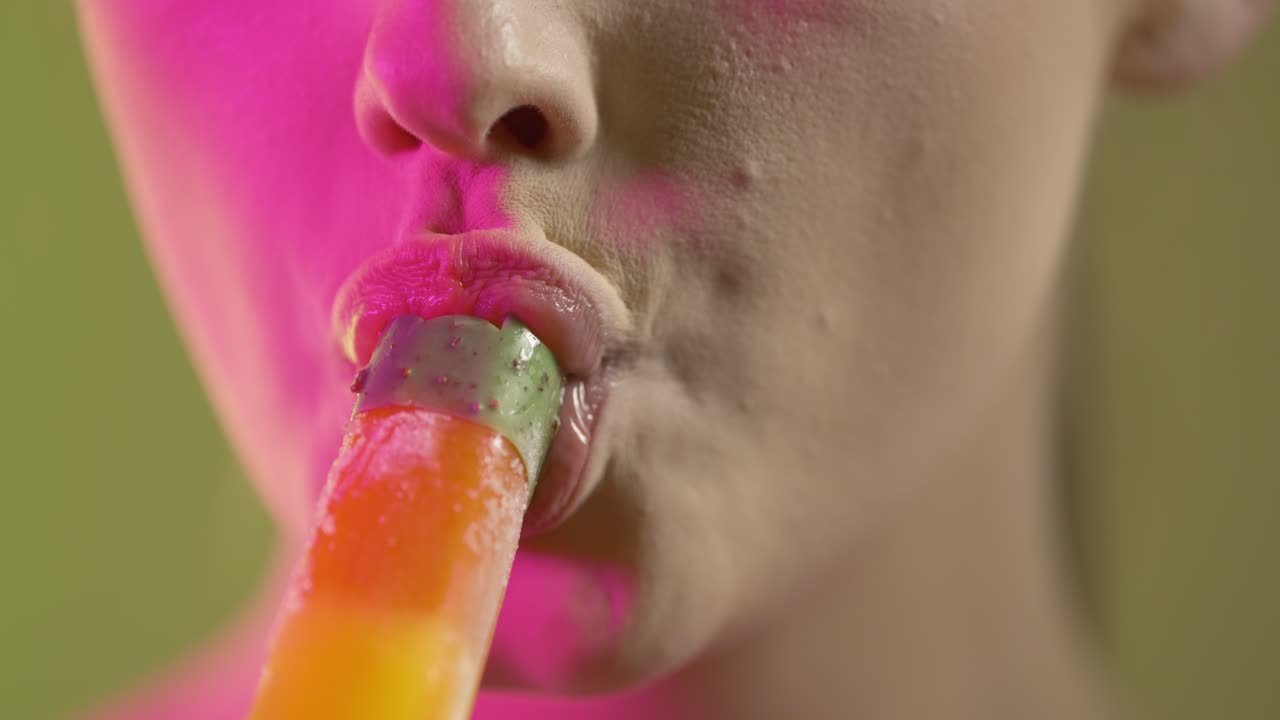 primer plano de la cara y la boca de la mujer, comiendo frutas sabor helado, toma de estudio con iluminación colorida