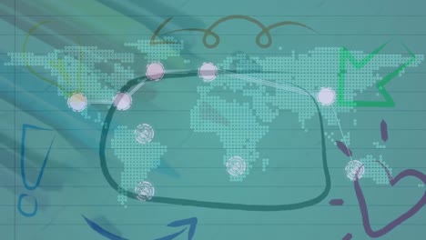 animation of network of connections with world map and drawings