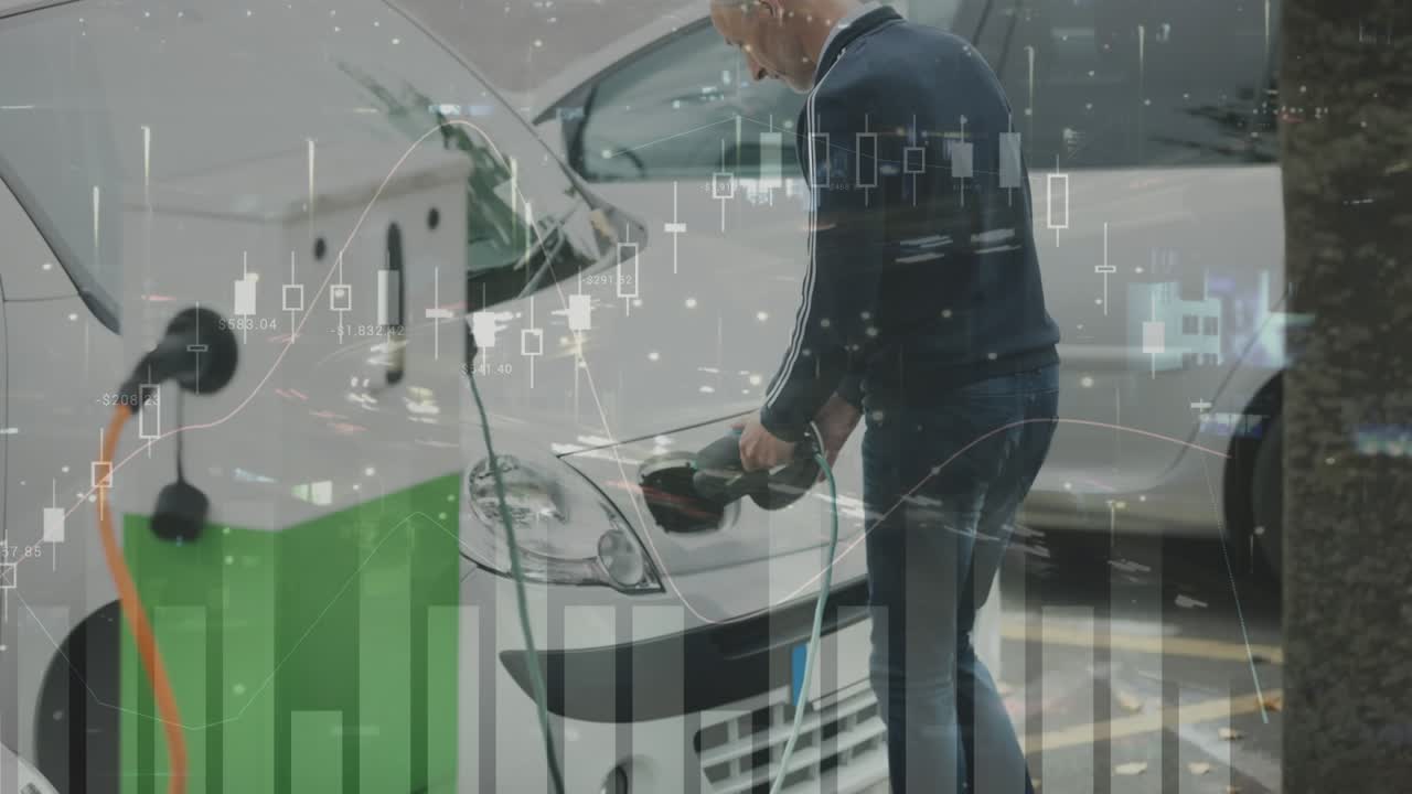 Animazione di elaborazione dati su una stazione di ricarica per veicoli elettrici.